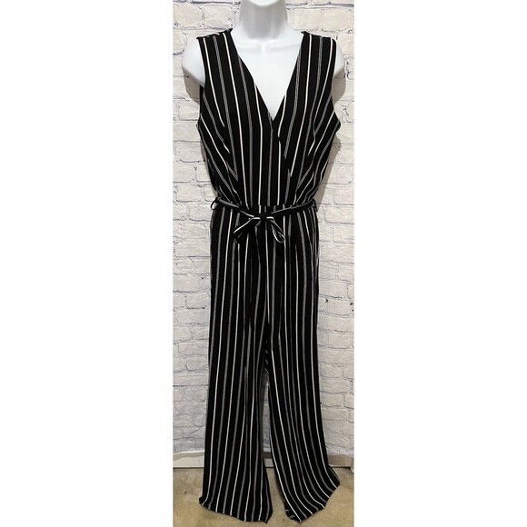 Madrag Black and White Striped Sleeveless Pant Jumpsuit with a Tie-Waist Small - Picture 1 of 6
